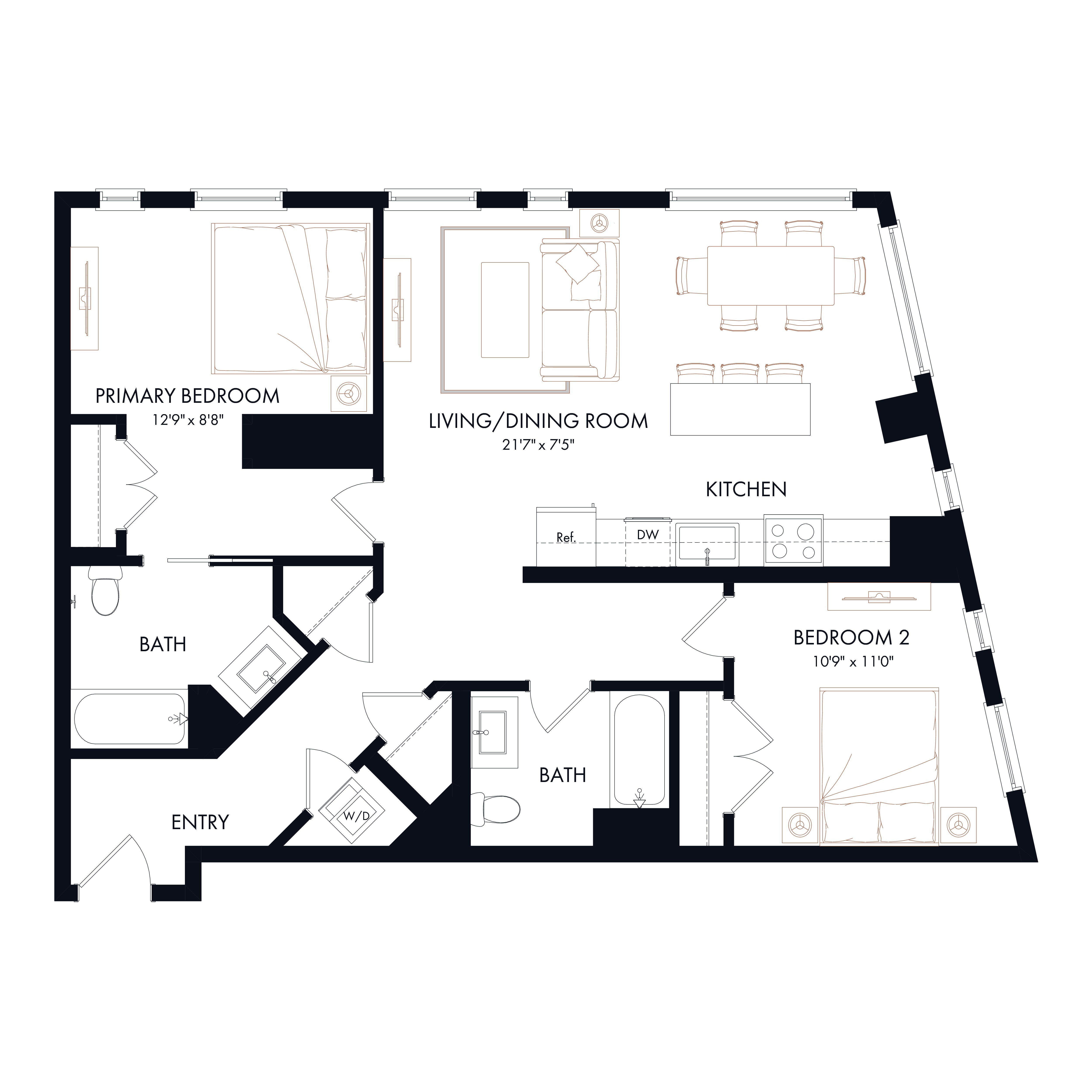 Floor plan layout diagram for B2 | 2 Bed | 2 Bath